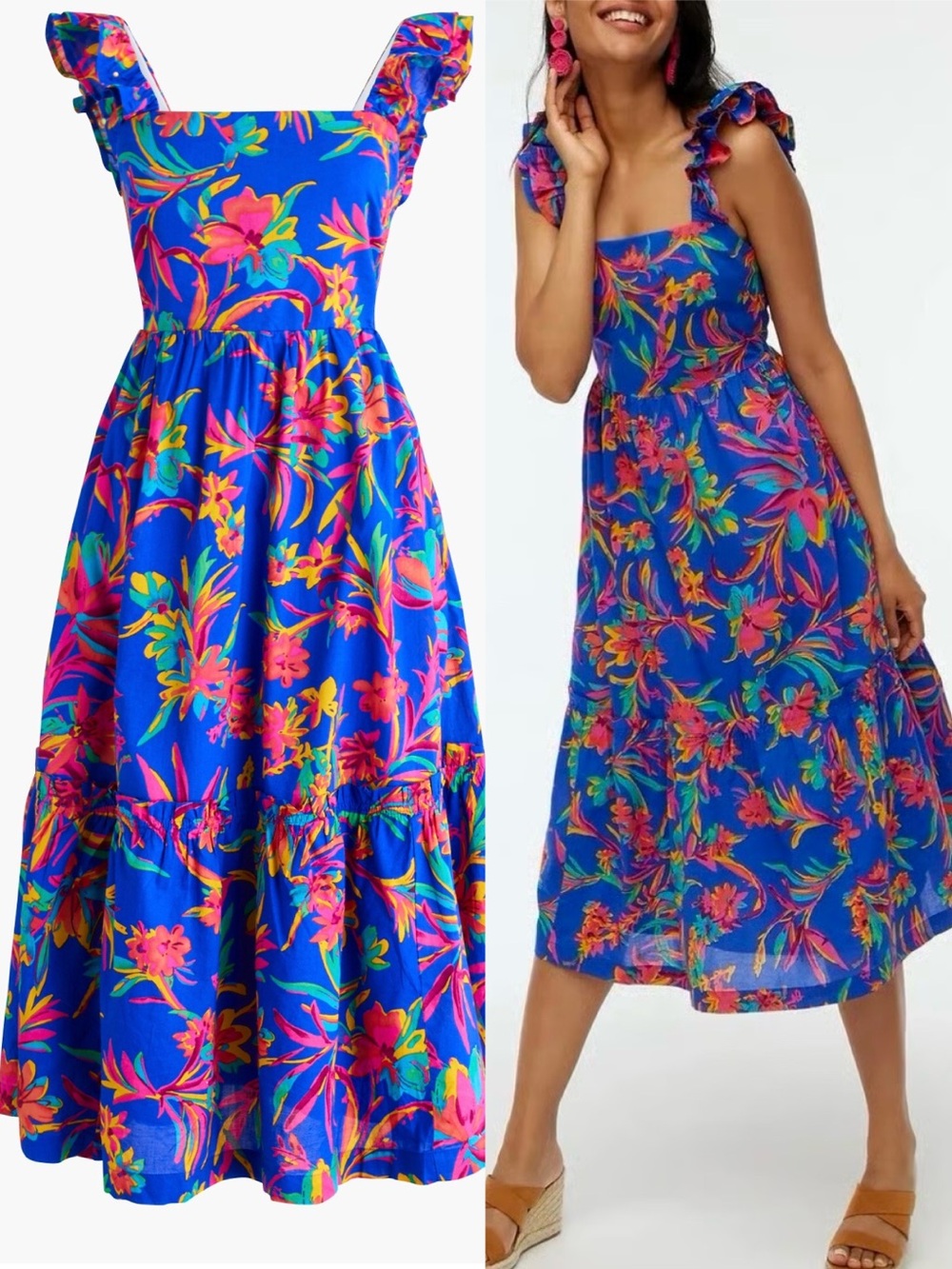 J.CREW | Floral Ruffle Strap Tiered Midi Dress